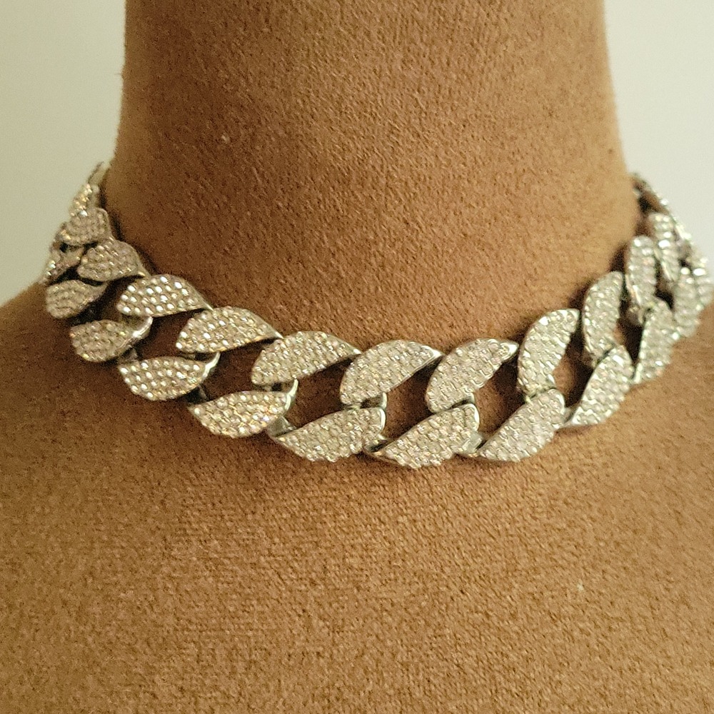 Silver Rhinestone Iced Out Cuban Link Choker Necklace 12-15in Adjustable Y2K